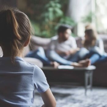 Young girl looking at parents sitting on couch in a cozy living room setting