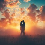 Couple embracing in a field at sunset with vibrant clouds in the sky.