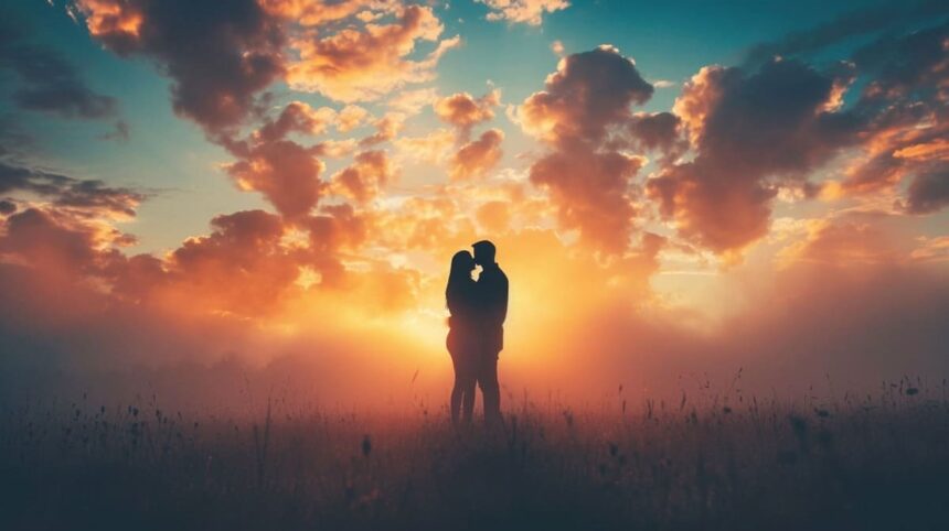 Couple embracing in a field at sunset with vibrant clouds in the sky.