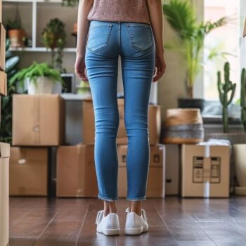 Woman standing in new home surrounded by moving boxes