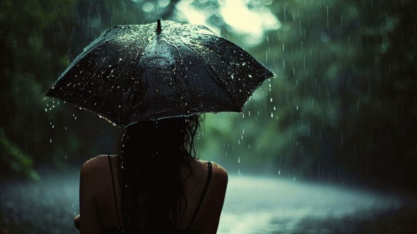 Person holding umbrella in rain with wet hair back view