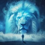 Majestic lion constellation in starry night sky with silhouette of a man standing before it