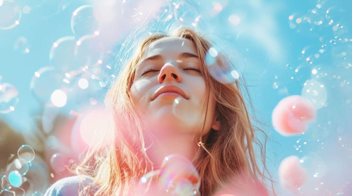 Young woman enjoying sunlight amidst soap bubbles against a blue sky background.