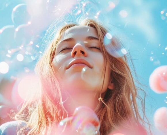 Young woman enjoying sunlight amidst soap bubbles against a blue sky background.