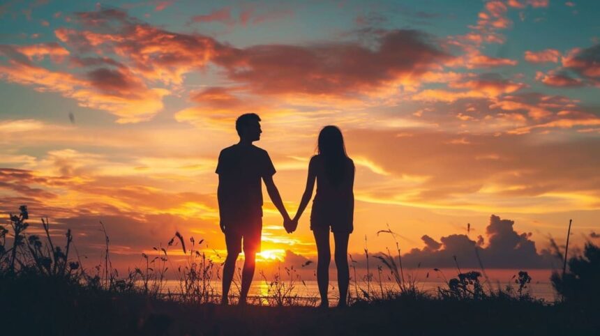 Couple holding hands against sunset sky with clouds