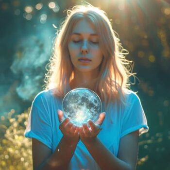 Woman holding a glowing orb in a mystical forest setting with sunlight filtering through trees.