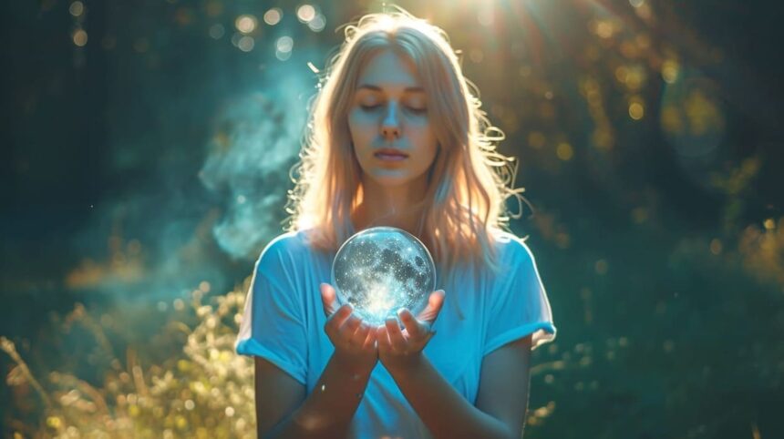 Woman holding a glowing orb in a mystical forest setting with sunlight filtering through trees.