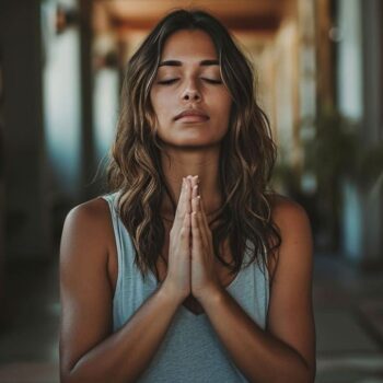 Woman practicing meditation with hands in prayer position in serene indoor environment