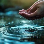 Close-up of hand gently cupping clear water from a tranquil pond with water droplets falling from fingertips creating ripples