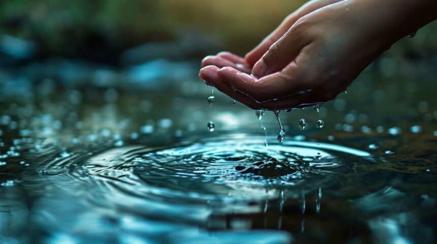 Close-up of hand gently cupping clear water from a tranquil pond with water droplets falling from fingertips creating ripples