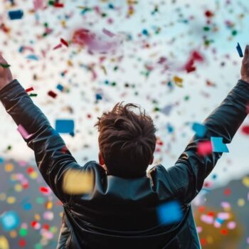 Man in leather jacket celebrating with arms raised amidst colorful confetti falling against a blurred background.