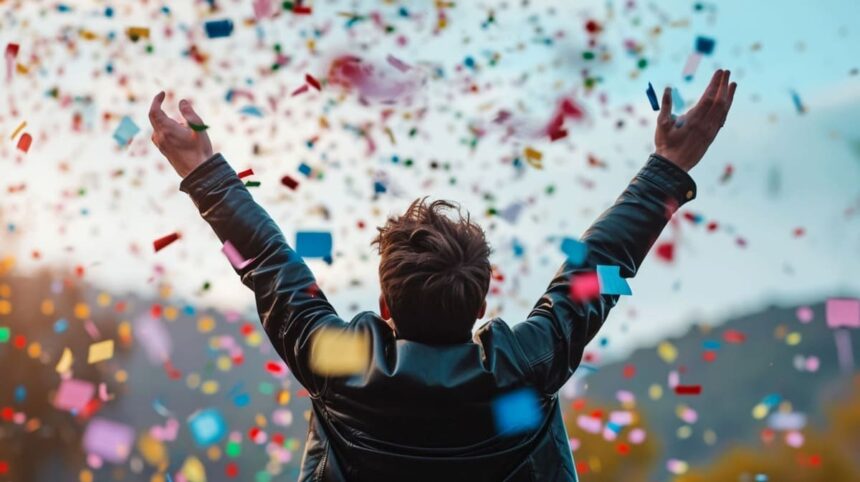 Man in leather jacket celebrating with arms raised amidst colorful confetti falling against a blurred background.