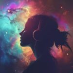 Silhouette of a woman with headphones against cosmic background with colorful nebula and stars.