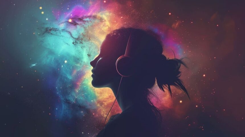 Silhouette of a woman with headphones against cosmic background with colorful nebula and stars.