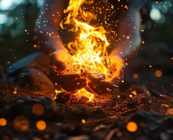 Hands warming at a campfire with vibrant flames and sparks in the forest at dusk