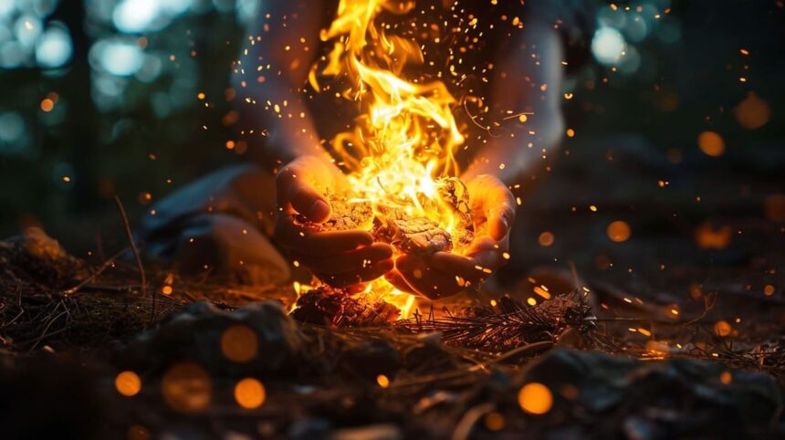 Hands warming at a campfire with vibrant flames and sparks in the forest at dusk
