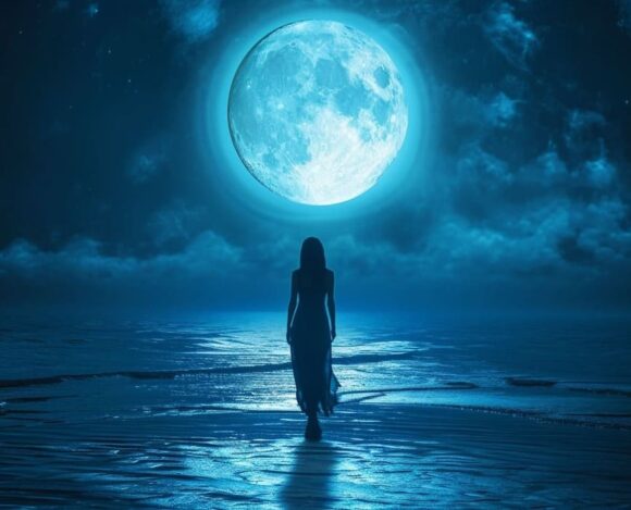 Woman walking on beach under full moon at night