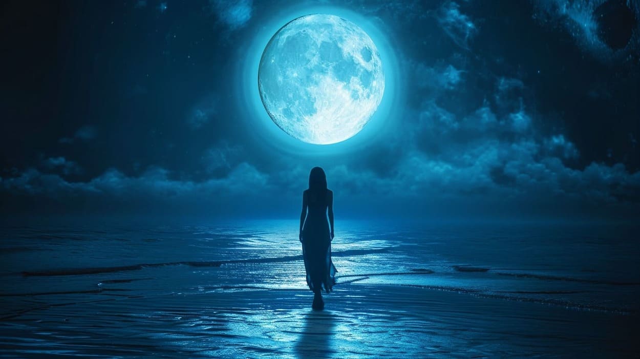 Woman walking on beach under full moon at night