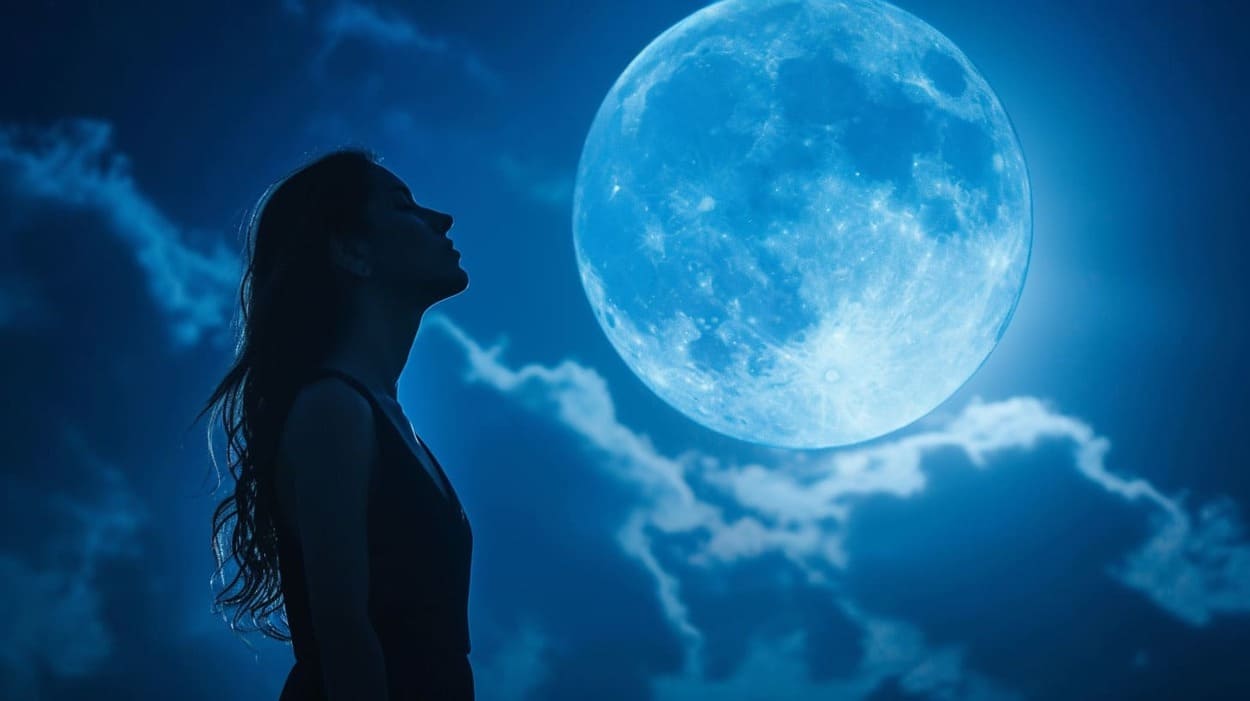 Silhouette of a woman with head tilted upwards against a backdrop of a night sky with a full moon.