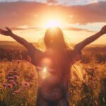 Woman embracing nature with arms open during sunset in wildflower meadow