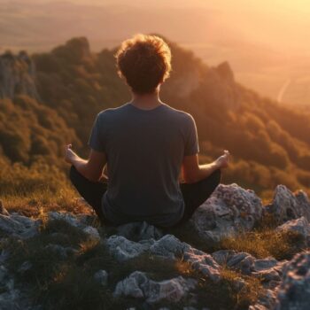 Person meditating on mountain at sunset with scenic valley view.