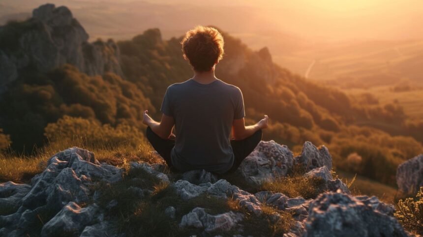 Person meditating on mountain at sunset with scenic valley view.
