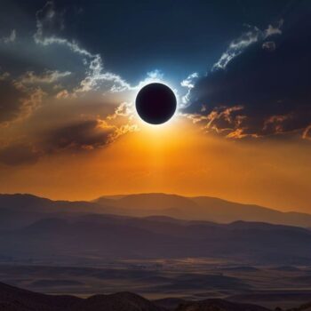 Total solar eclipse over mountainous landscape at sunset with dramatic sky.