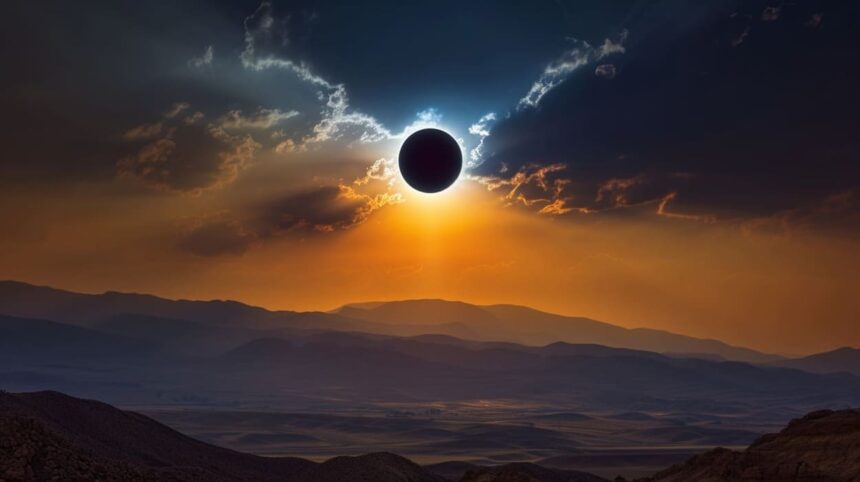 Total solar eclipse over mountainous landscape at sunset with dramatic sky.