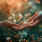 Two hands exchanging sparkles amidst white blossoms with a warm bokeh light background