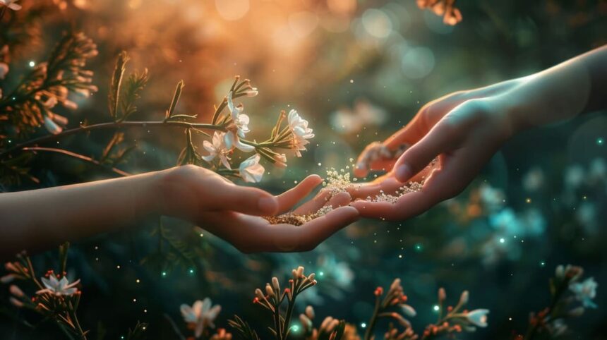 Two hands exchanging sparkles amidst white blossoms with a warm bokeh light background