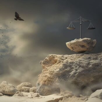 Scales of justice on rock formation with birds flying in dramatic cloudy sky