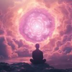 Person meditating in front of a cosmic spiral galaxy amidst pink and purple clouds