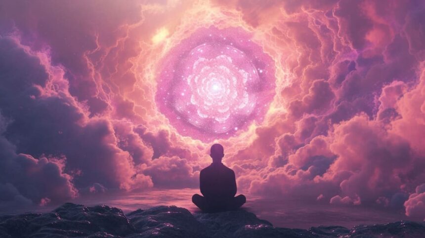 Person meditating in front of a cosmic spiral galaxy amidst pink and purple clouds
