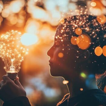 Silhouette of person holding illuminated light bulb with sparking ideas against sunset background with bokeh lights