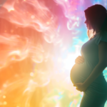 Pregnant woman silhouette against colorful abstract background