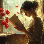 Woman reading a letter in a sunlit room with red flowers and floating petals.