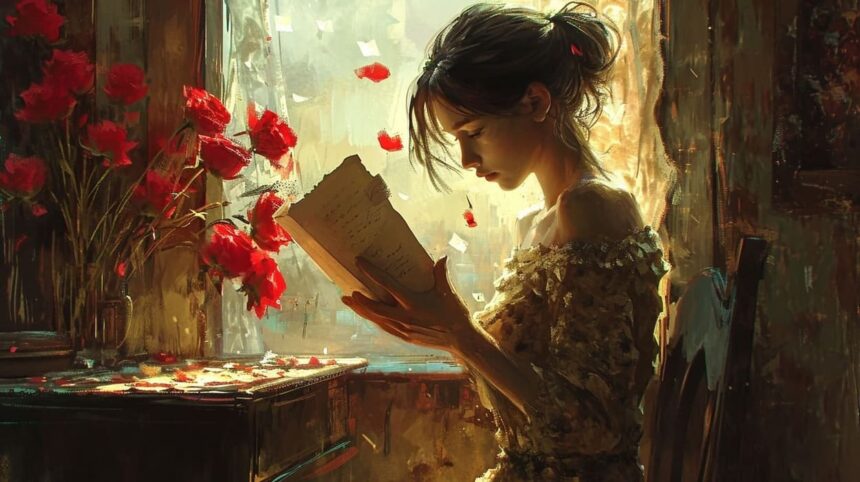Woman reading a letter in a sunlit room with red flowers and floating petals.