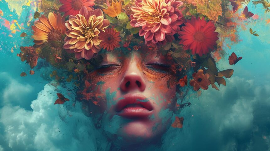 Surreal portrait of a woman with floral crown and butterflies on a vibrant painted background.