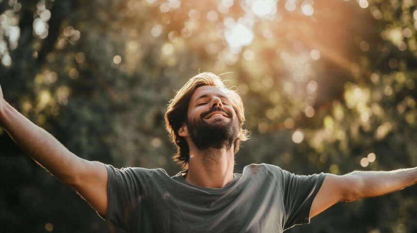 Man enjoying sunshine with arms wide open outdoors