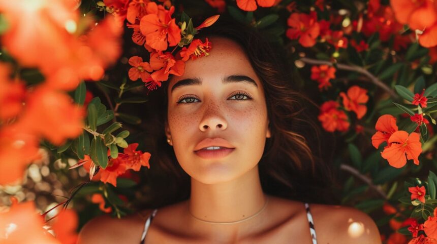 Portrait of a young woman with freckles surrounded by orange flowers