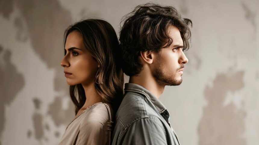 Side profile of a young man and woman standing back to back with serious expressions against a neutral backdrop.