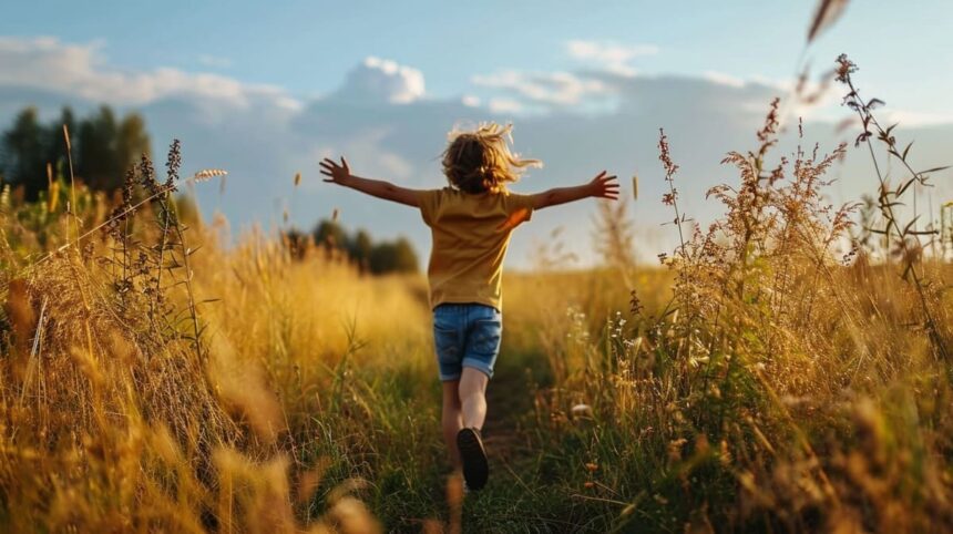 Child running joyfully through a golden field at sunset with arms outstretched.