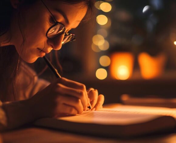 Woman studying late at night with focus and concentration, illuminated by warm desk lamp light