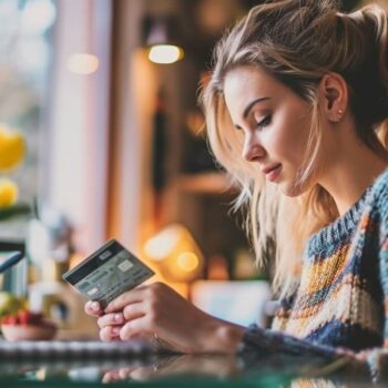 Woman holding credit card while using smartphone at cozy home interior with tulips in background