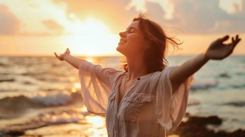Happy woman embracing freedom with open arms on beach at sunset