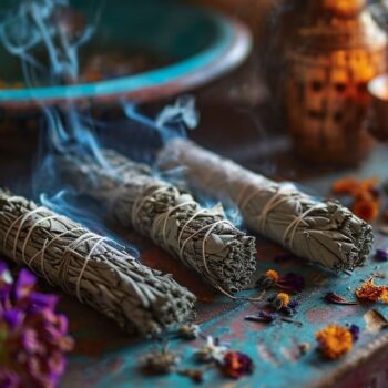 Aromatic sage smudge sticks with smoke on rustic wooden surface, surrounded by dried flowers and a burning candle for a spiritual cleansing ritual.