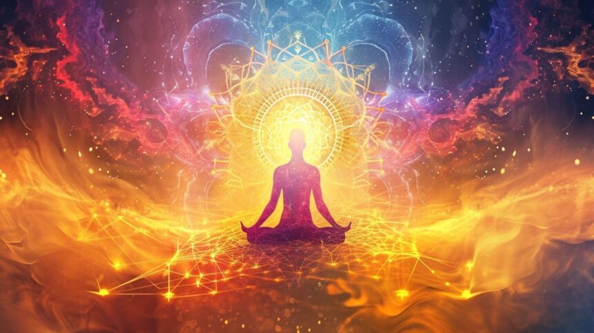 Meditation concept with silhouette in lotus position against colorful cosmic background with energy lines and sacred geometry.