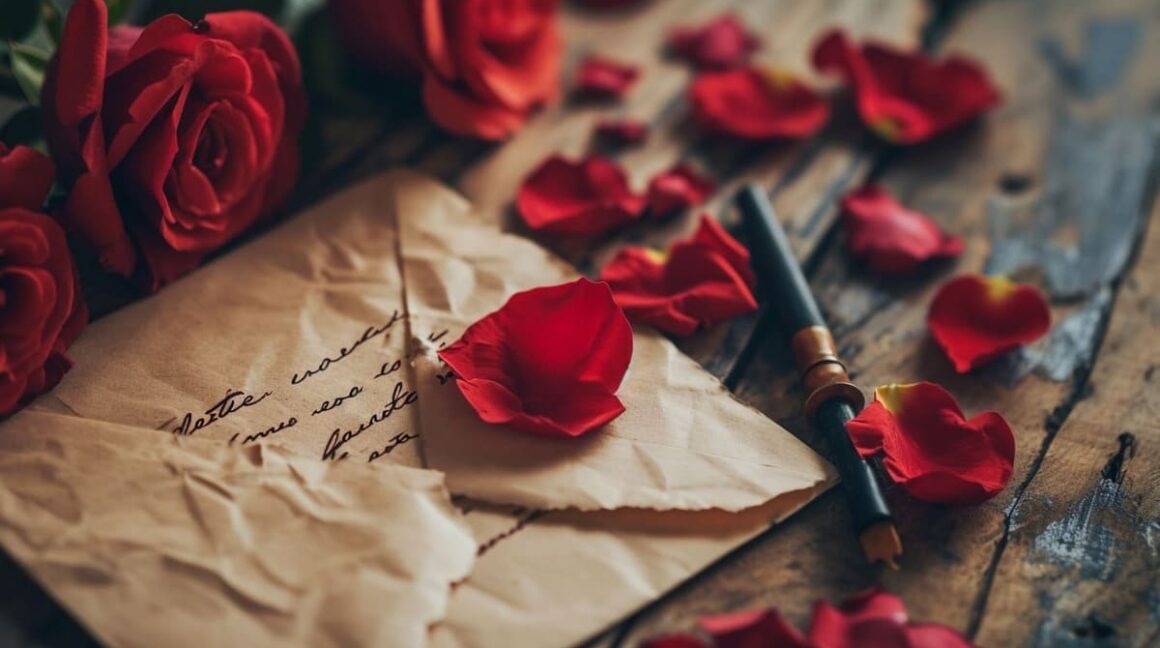 Vintage love letter with red roses and petals on wooden background