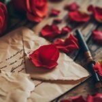Vintage love letter with red roses and petals on wooden background