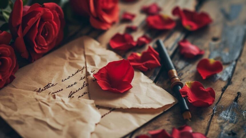 Vintage love letter with red roses and petals on wooden background